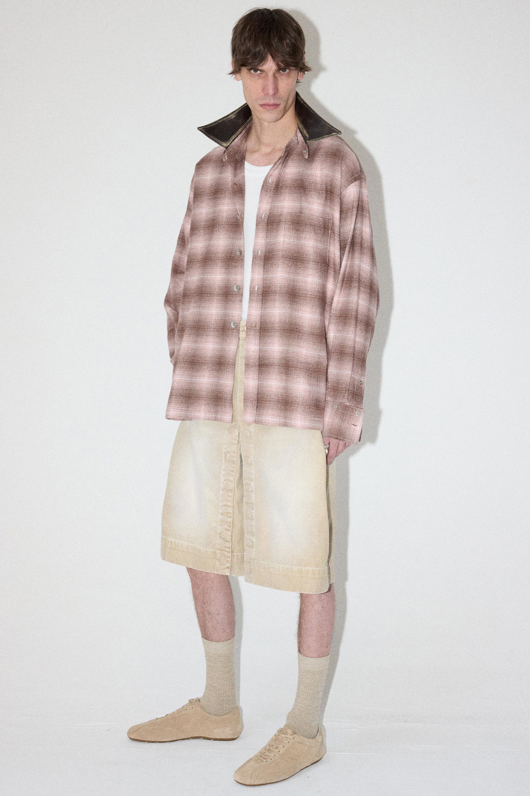 Pink Check Square Snap off Leather Collar Shirt