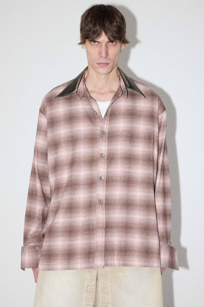 Pink Check Square Snap off Leather Collar Shirt