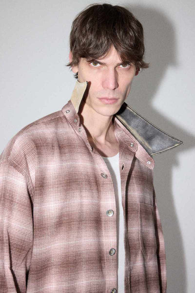 Pink Check Square Snap off Leather Collar Shirt