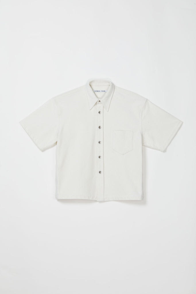 White Bias Cut Corduroy Cotton Square Short Sleeved Overshirt