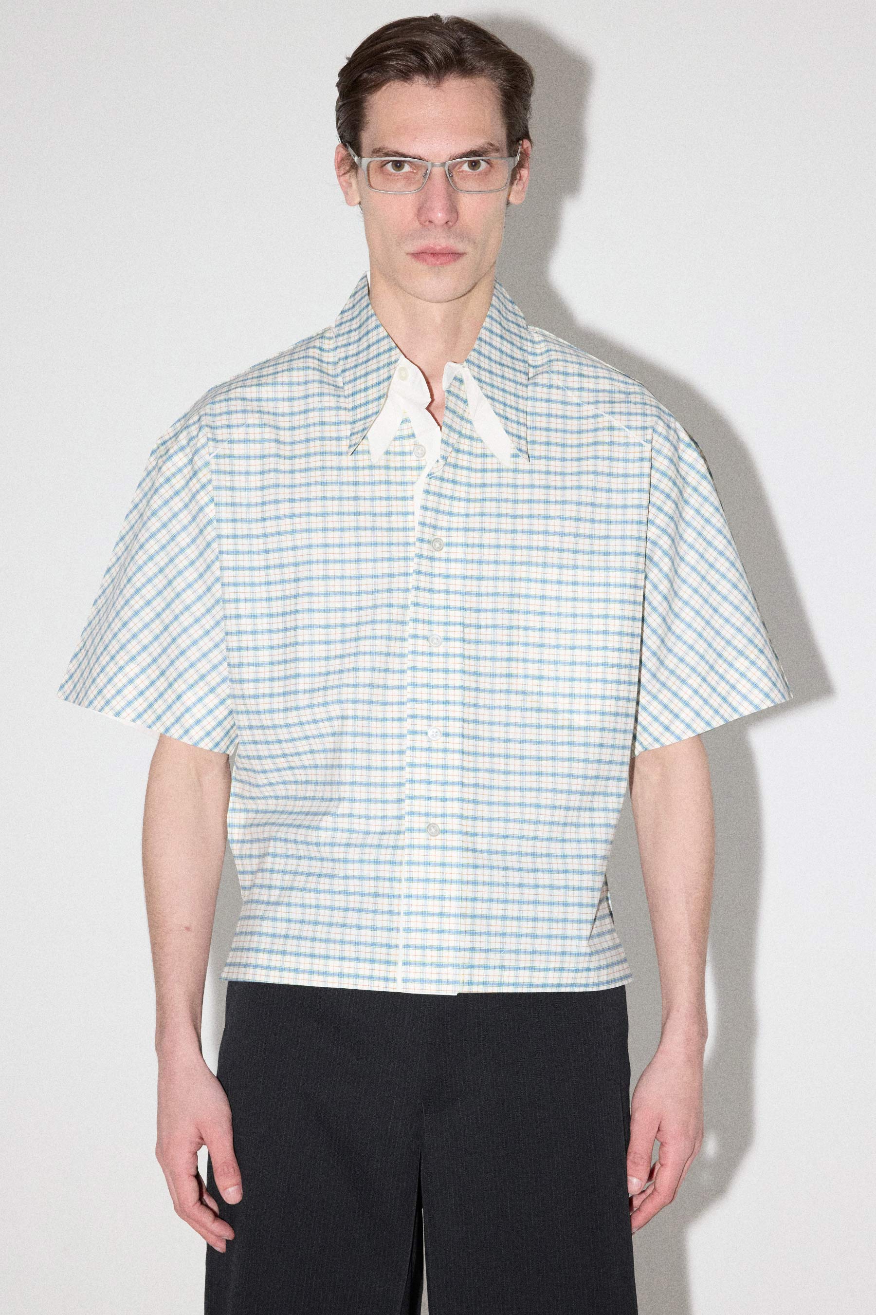 Blue Trapezium Printed Check Short Sleeved Cropped Shirt