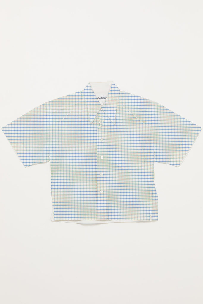 Blue Trapezium Printed Check Short Sleeved Cropped Shirt