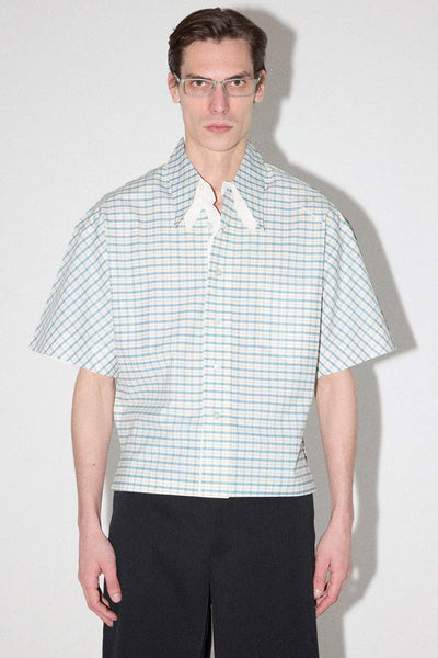 Blue Trapezium Printed Check Short Sleeved Cropped Shirt
