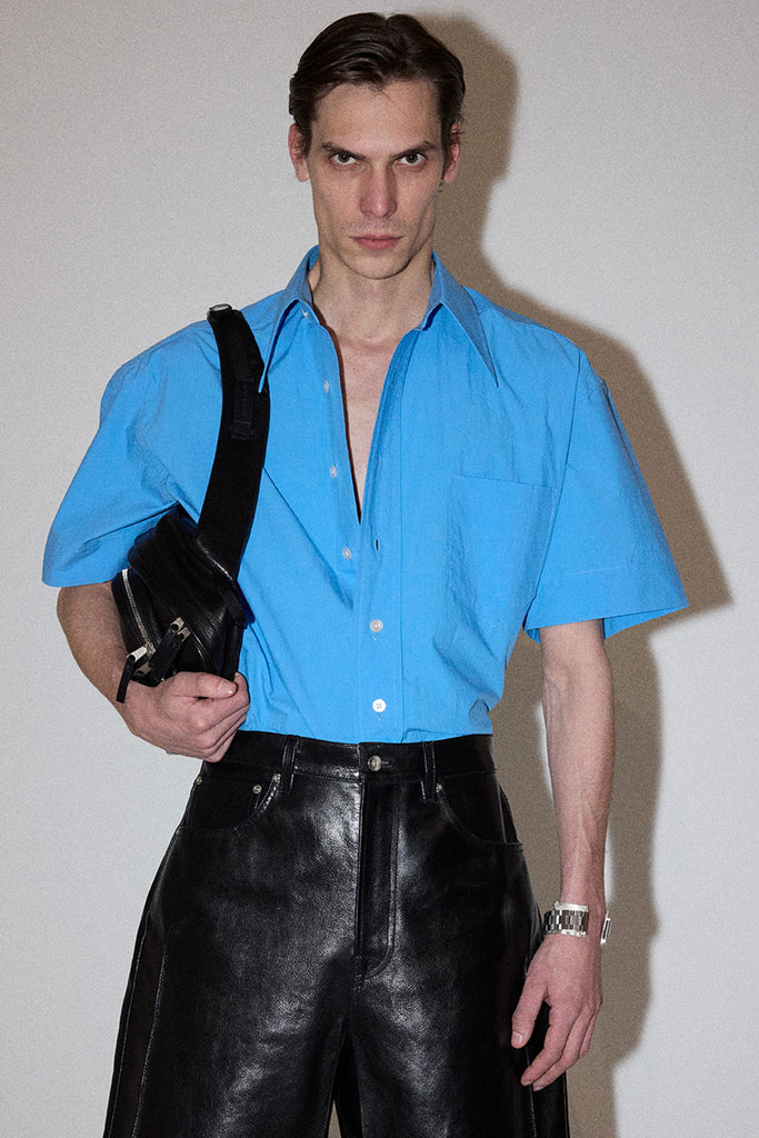 Blue Trapezium Short Sleeved Cropped Shirt
