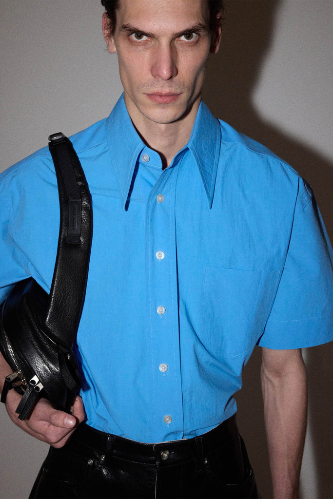 Blue Trapezium Short Sleeved Cropped Shirt
