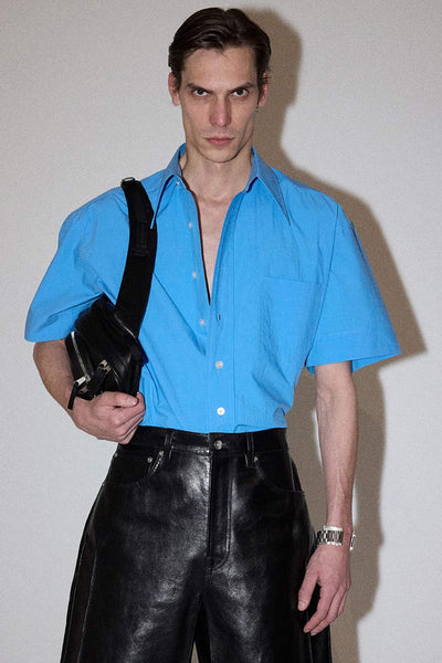 Blue Trapezium Short Sleeved Cropped Shirt