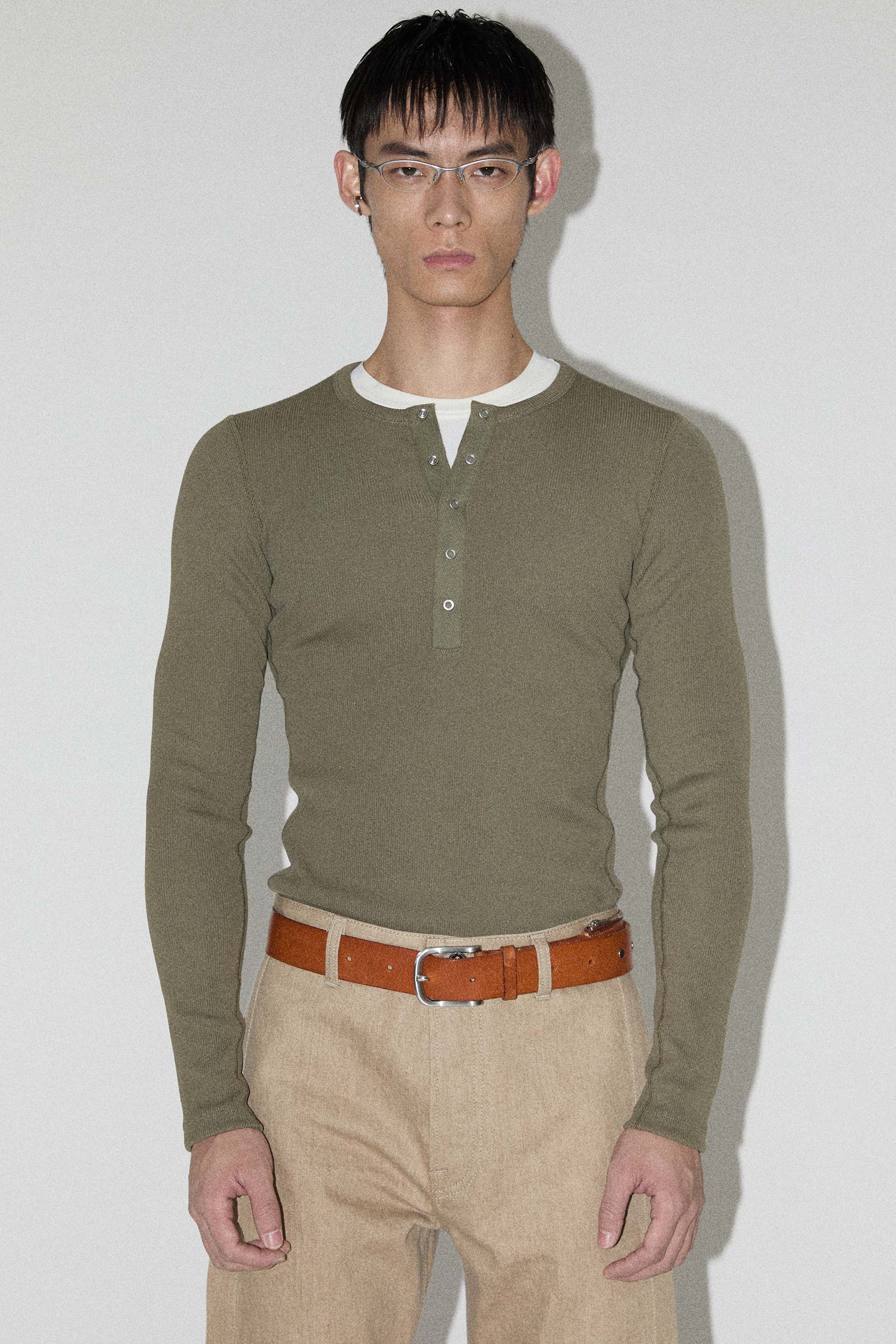 Khaki Second Skin Hanley Neck Buttoned T-shirt