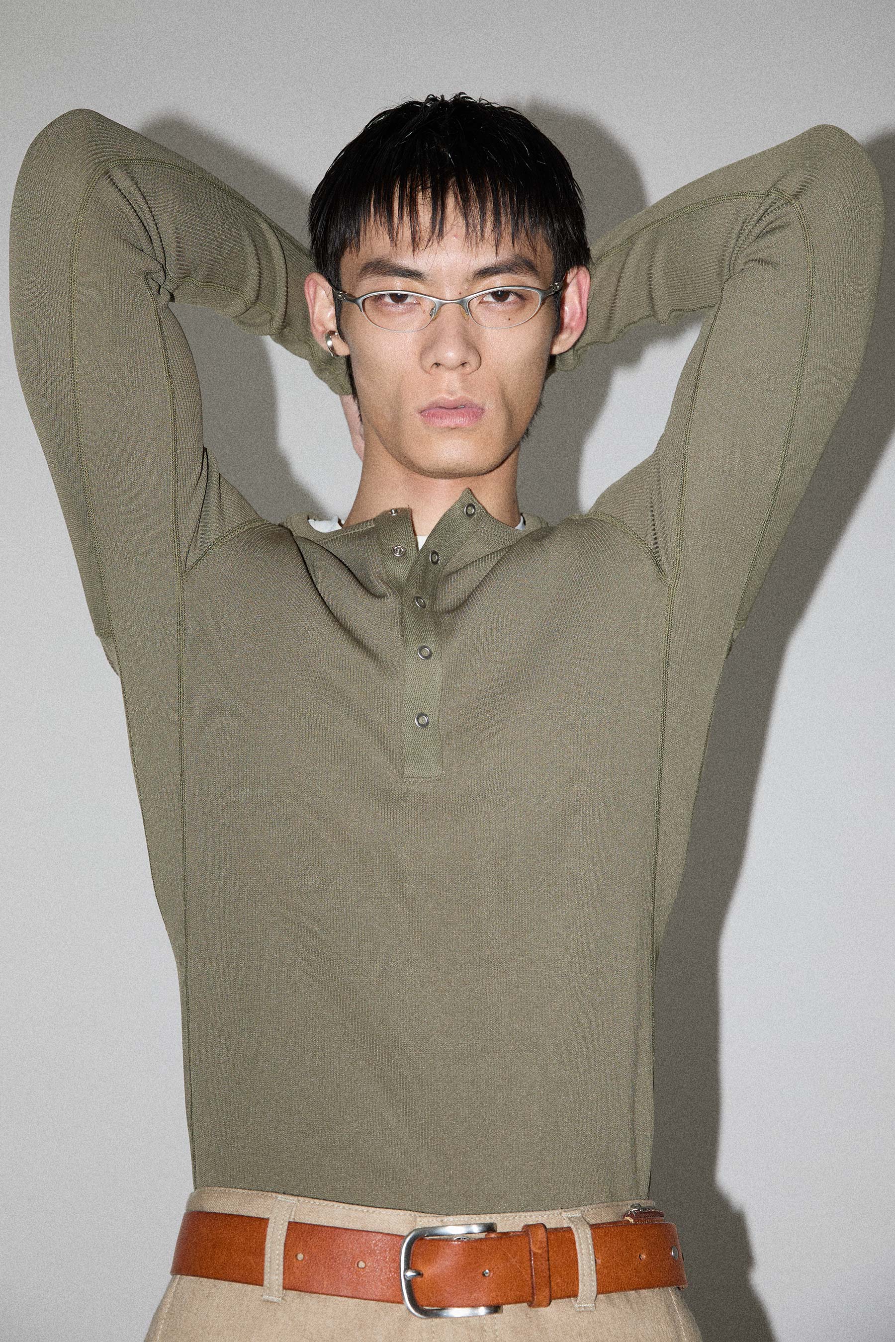 Khaki Second Skin Hanley Neck Buttoned T-shirt