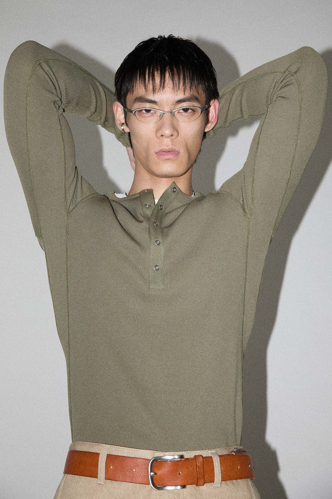 Khaki Second Skin Hanley Neck Buttoned T-shirt