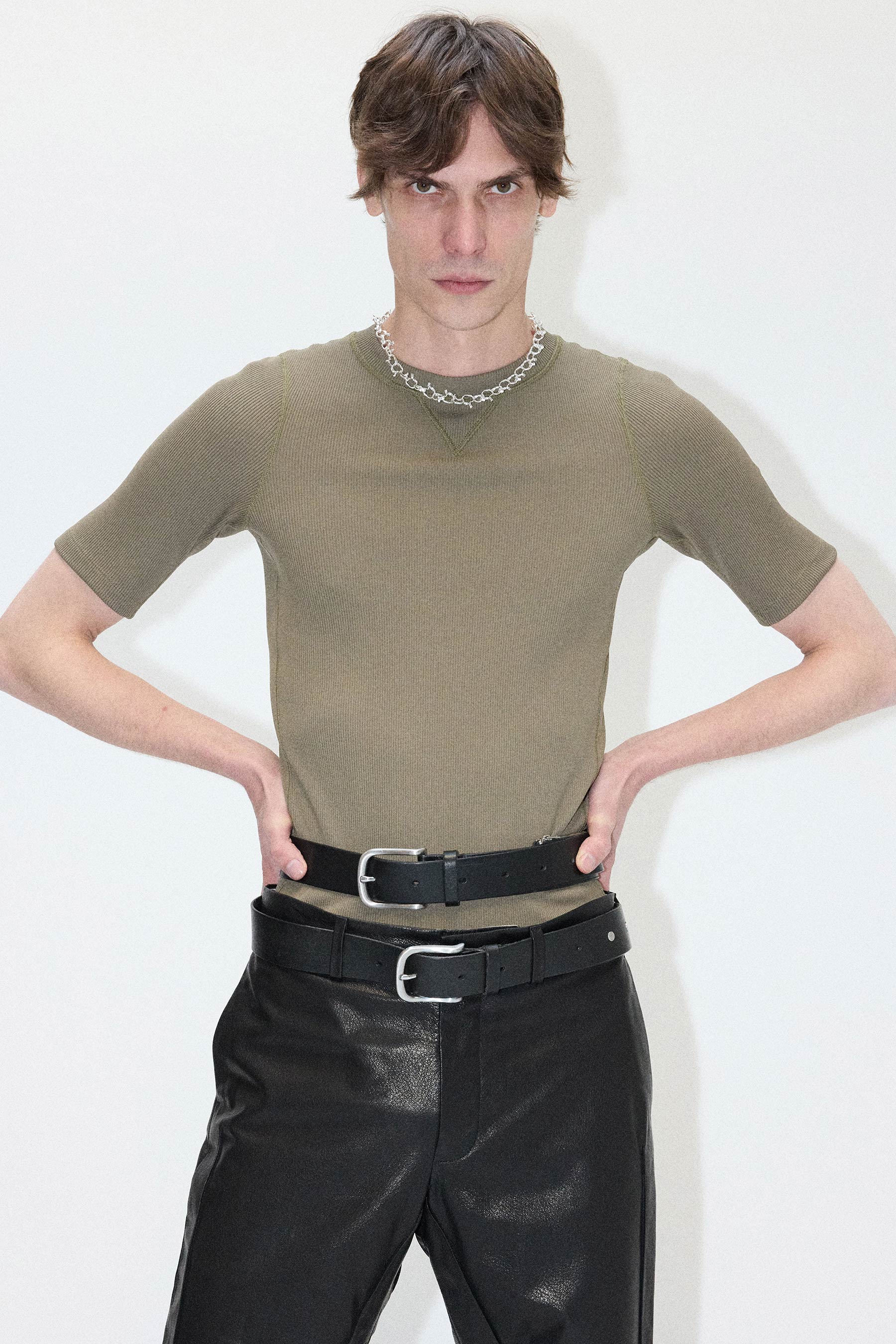 Khaki Second Skin V Insert Rib T-shirt