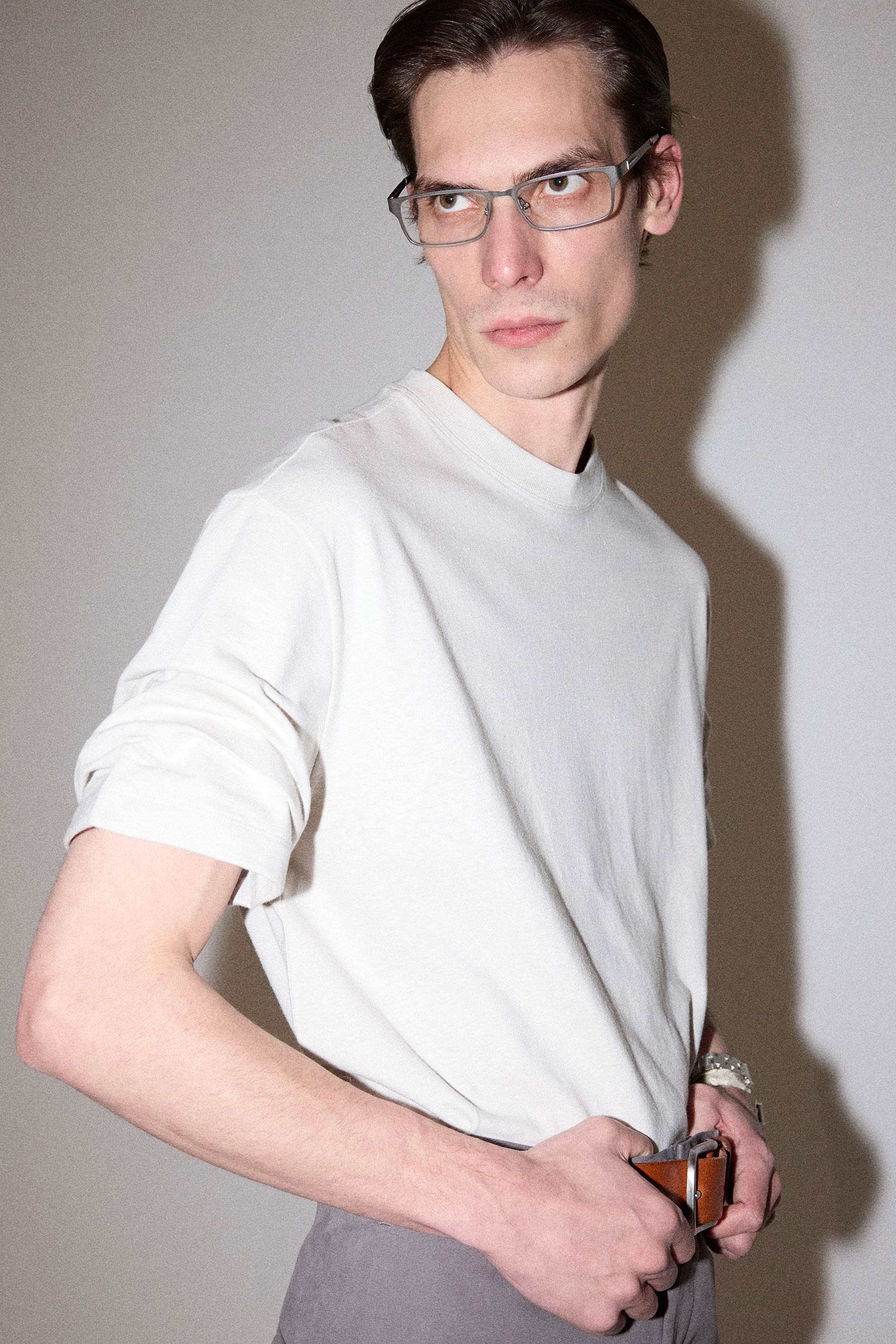Beige Wide Shoulder Roll Up Sleeve T-shirt