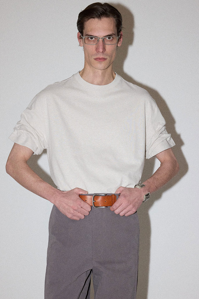 Beige Wide Shoulder Roll Up Sleeve T-shirt
