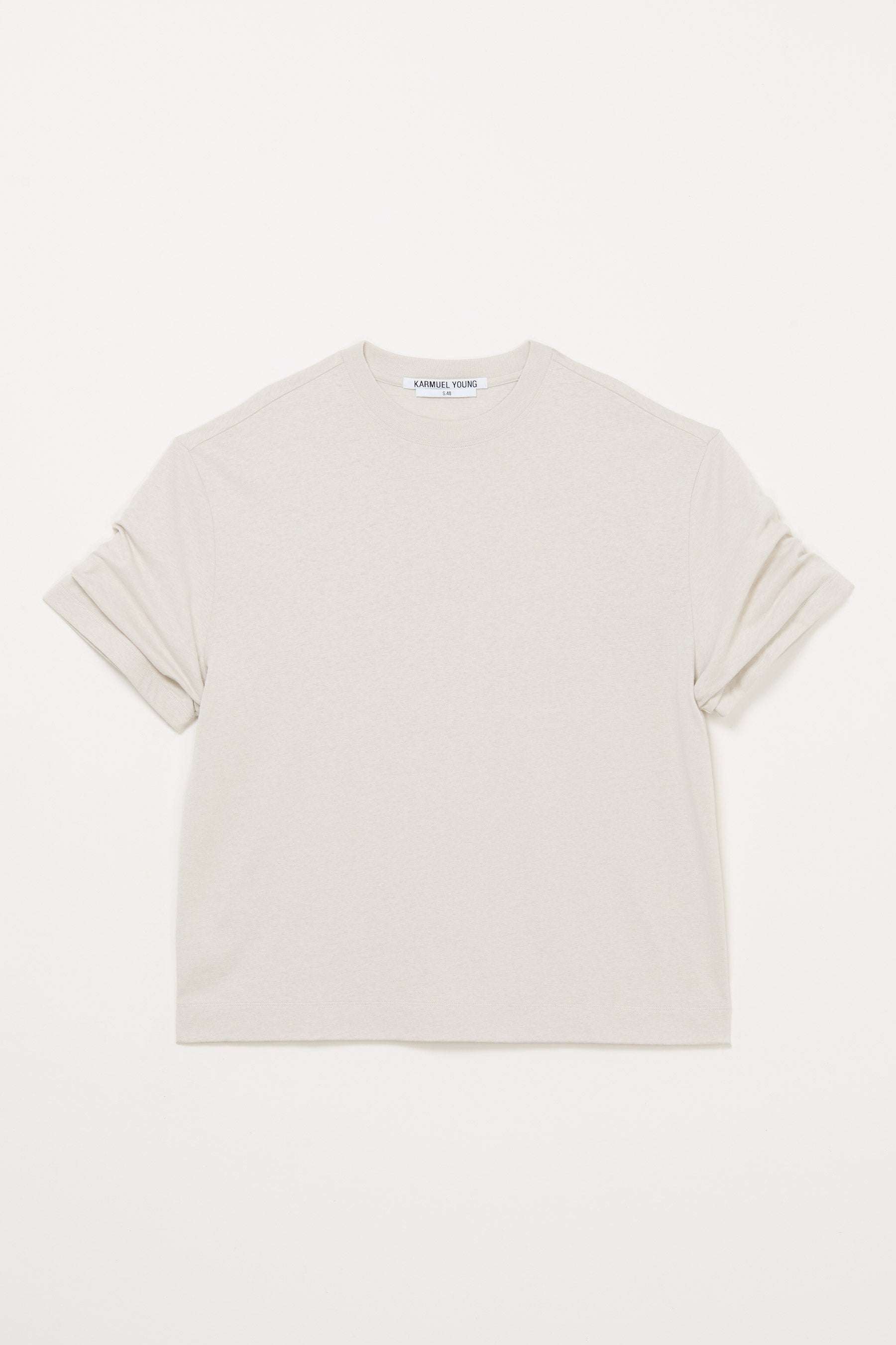 Beige Wide Shoulder Roll Up Sleeve T-shirt
