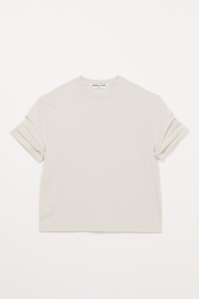Beige Wide Shoulder Roll Up Sleeve T-shirt