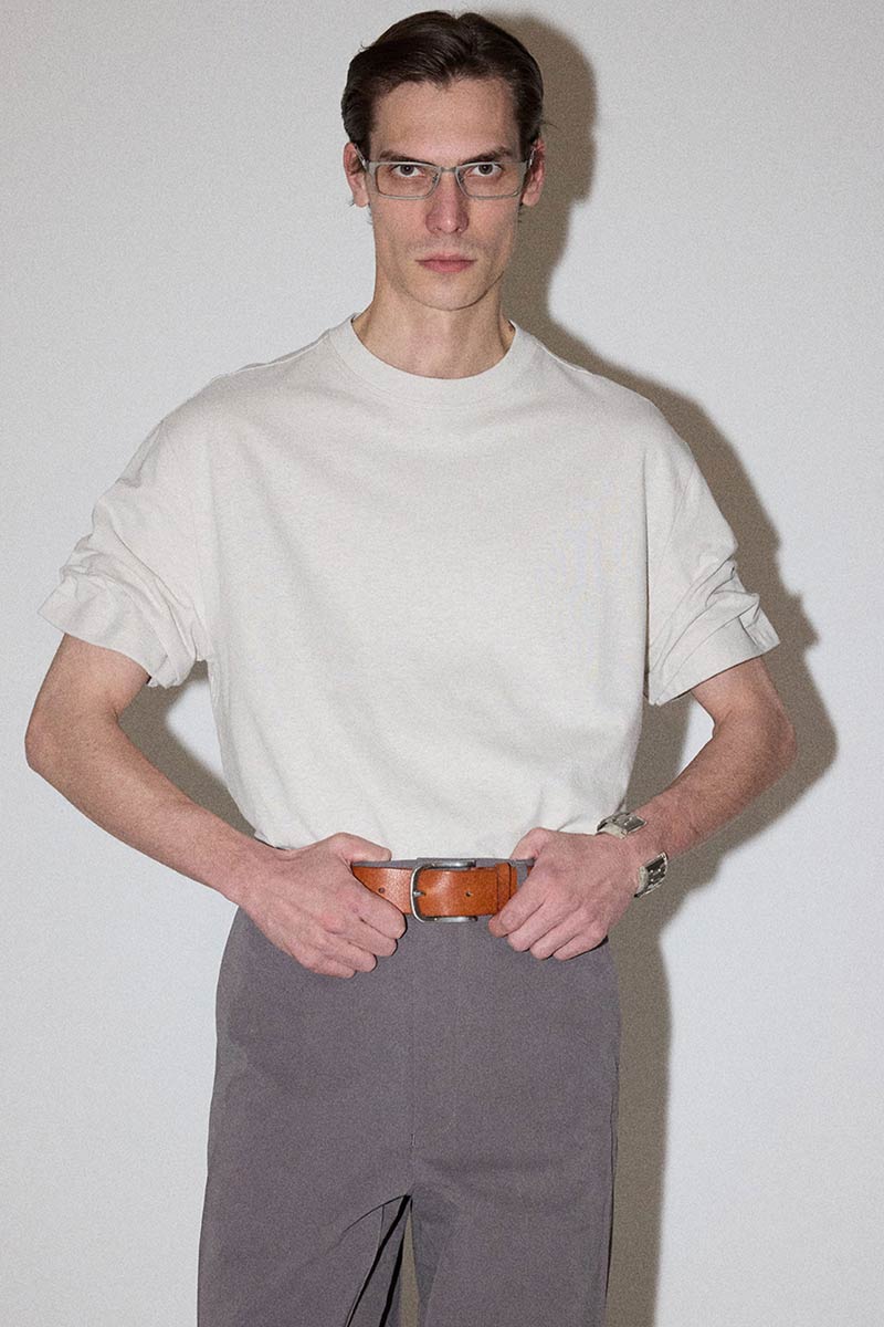 Beige Wide Shoulder Roll Up Sleeve T-shirt