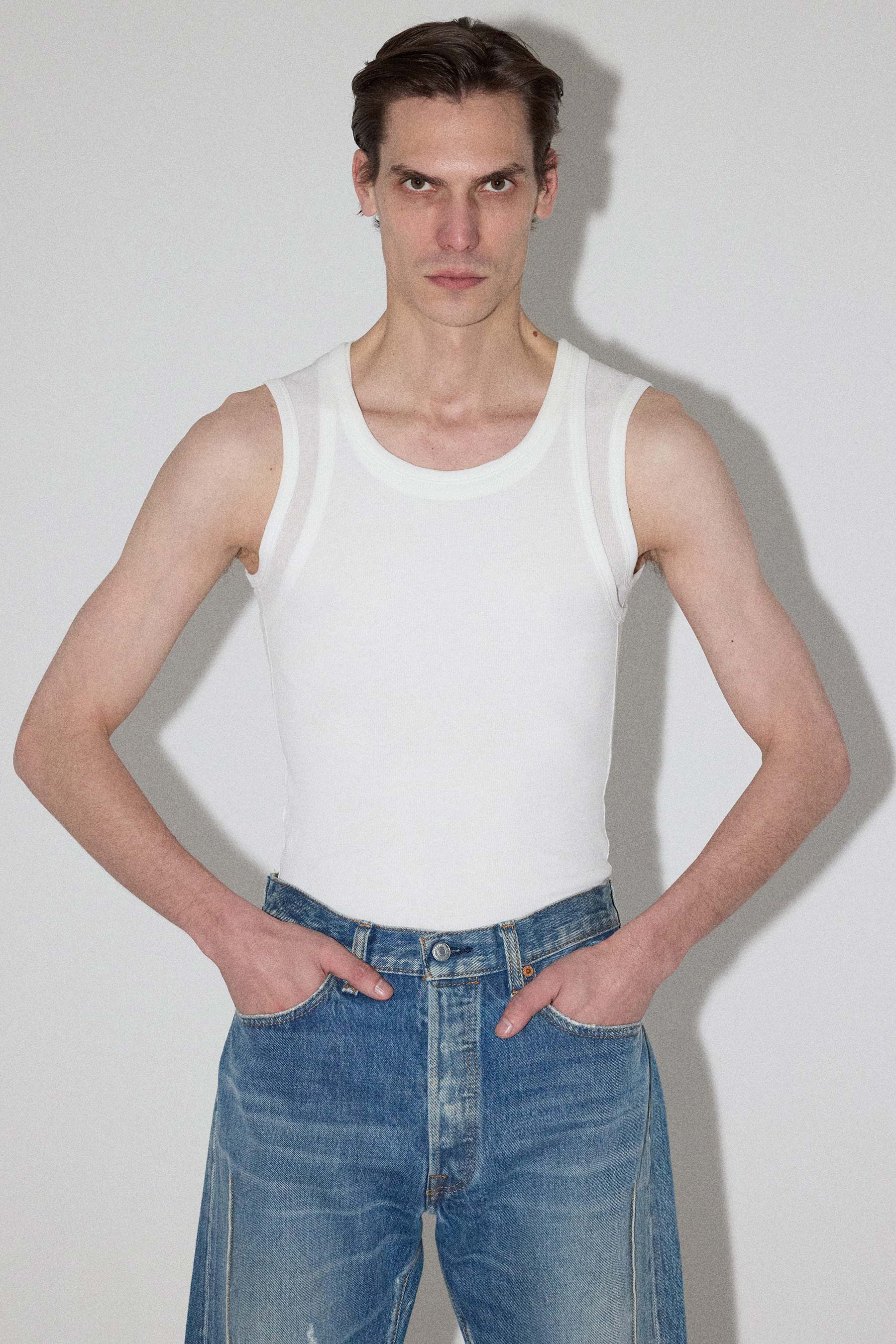 White Square Double Layered Asymmetric Rib Tank Top