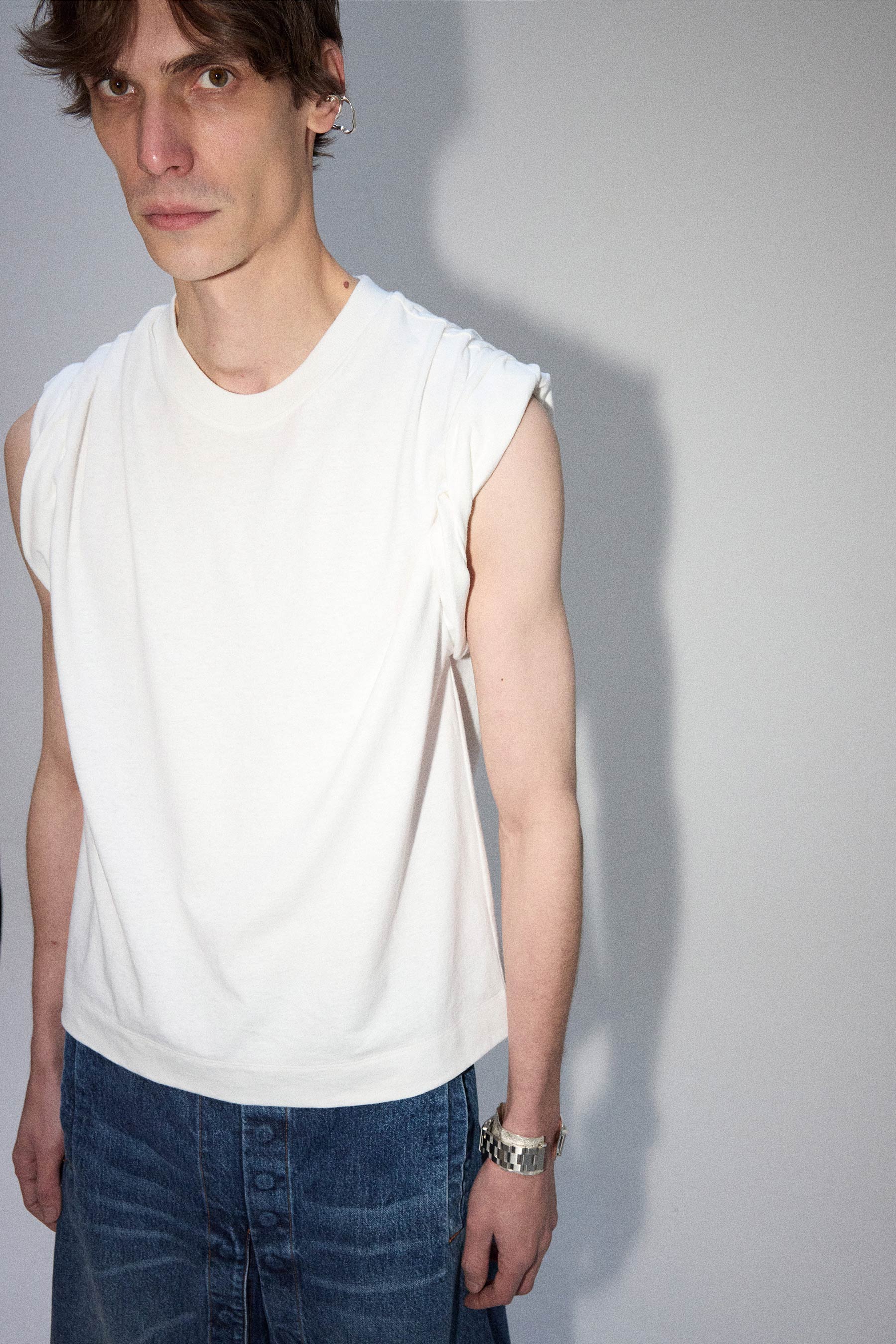 White Square Roll Shoulder Tank Top