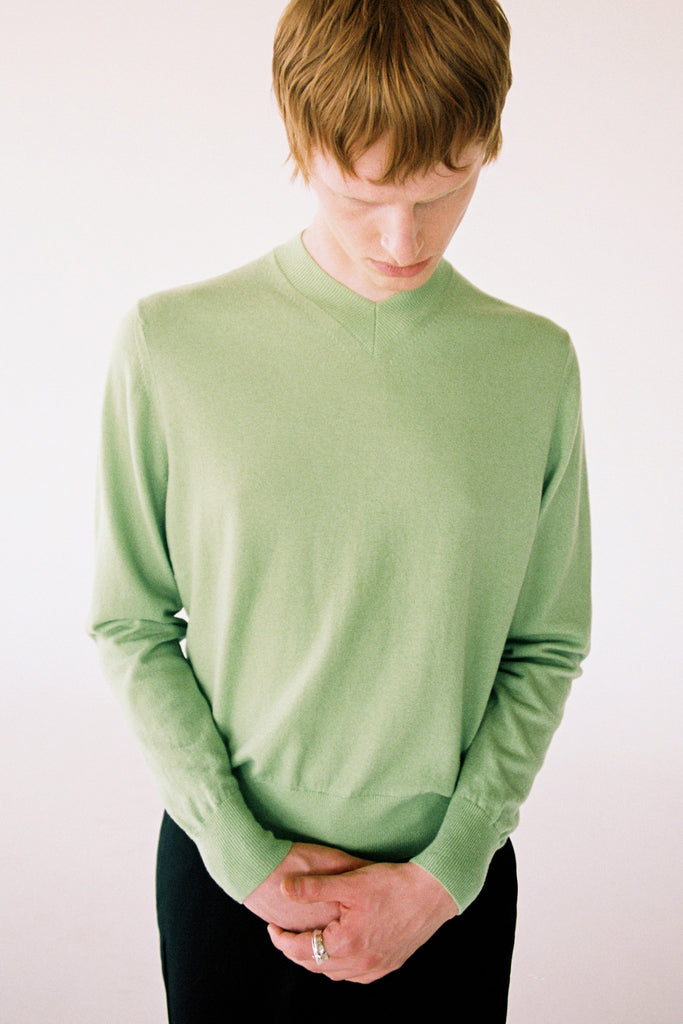 Green Merino Wool V-mockneck Sweater