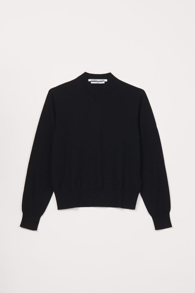 Black Merino Wool V-mockneck Sweater