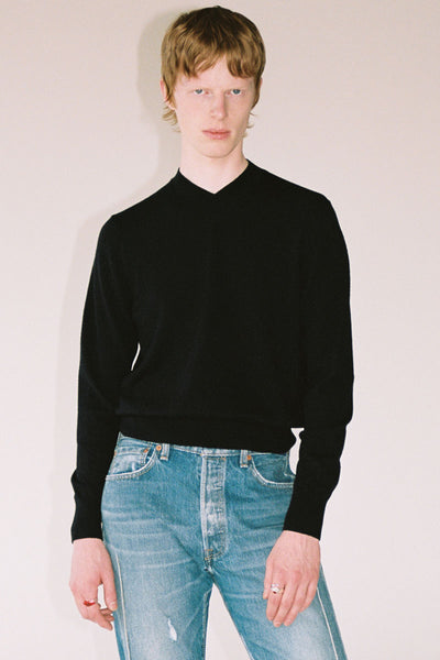 Black Merino Wool V-mockneck Sweater