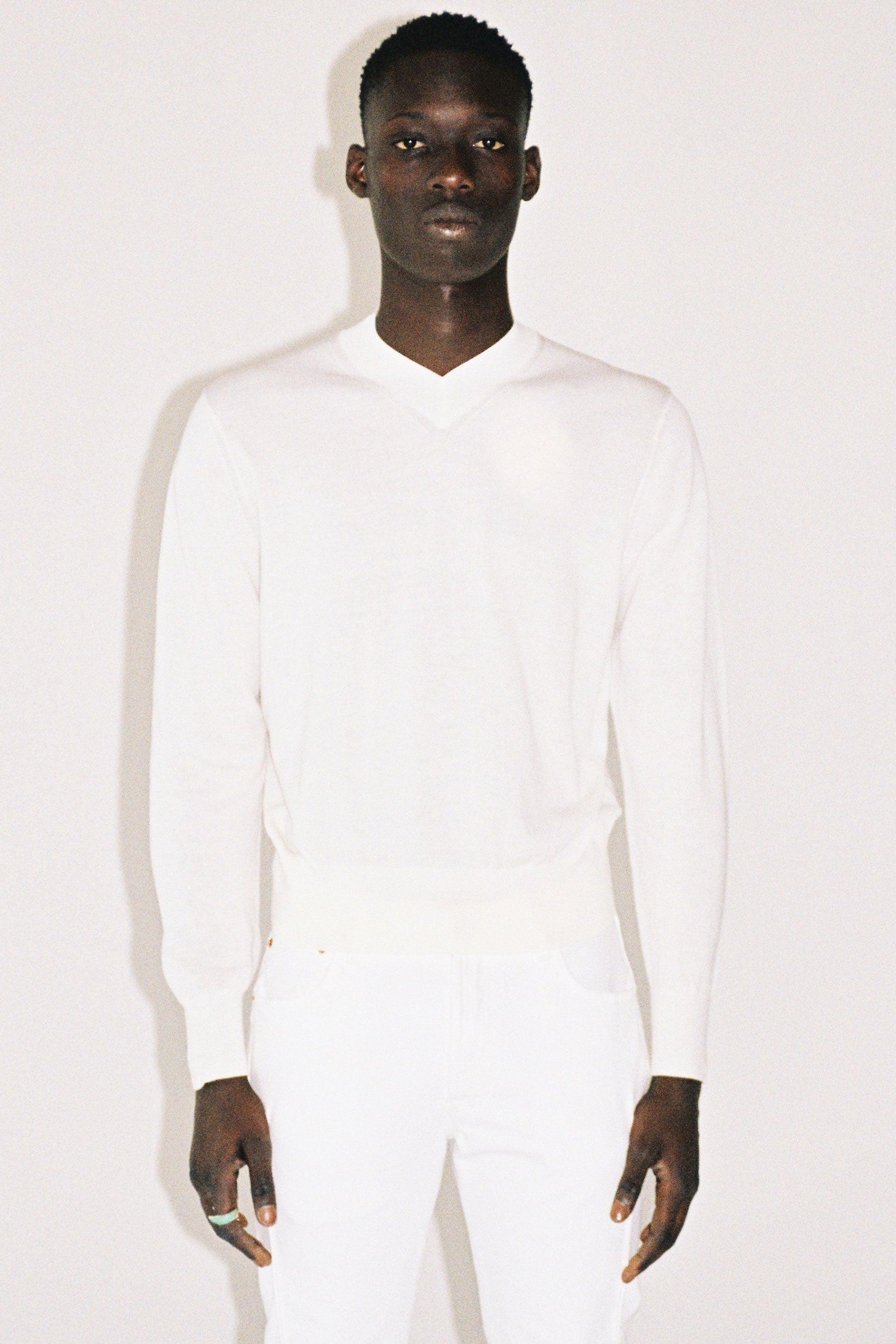 White Cotton V-mockneck Sweater