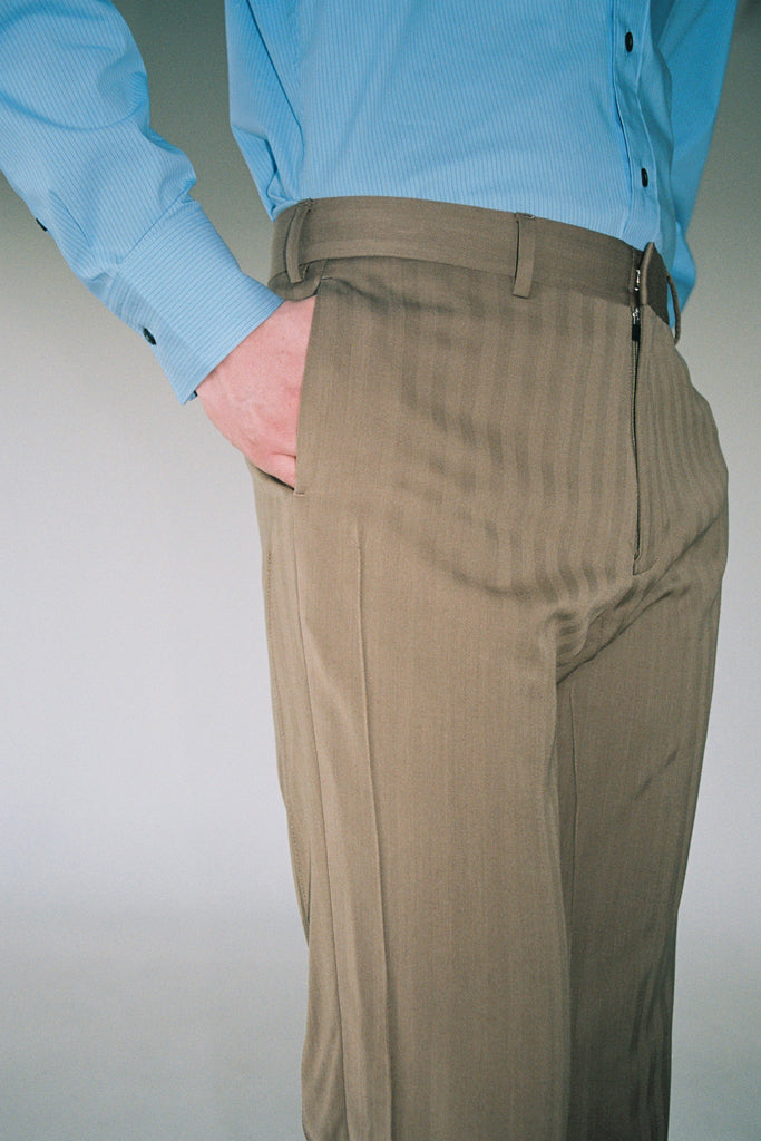 Beige Herringbone Textured Woollen Cuboid Tailored Pants