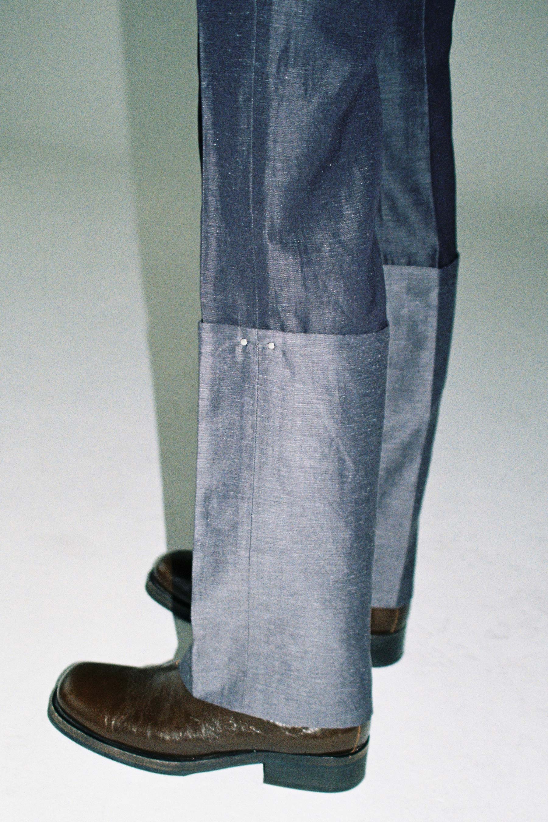 Navy Wool Linen Denim Suiting Boot Cuffed Pants