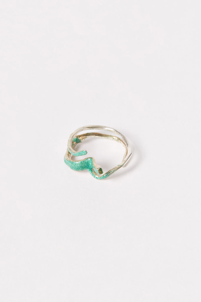 Green Enamel Spiral Silver Shirt Ring 002