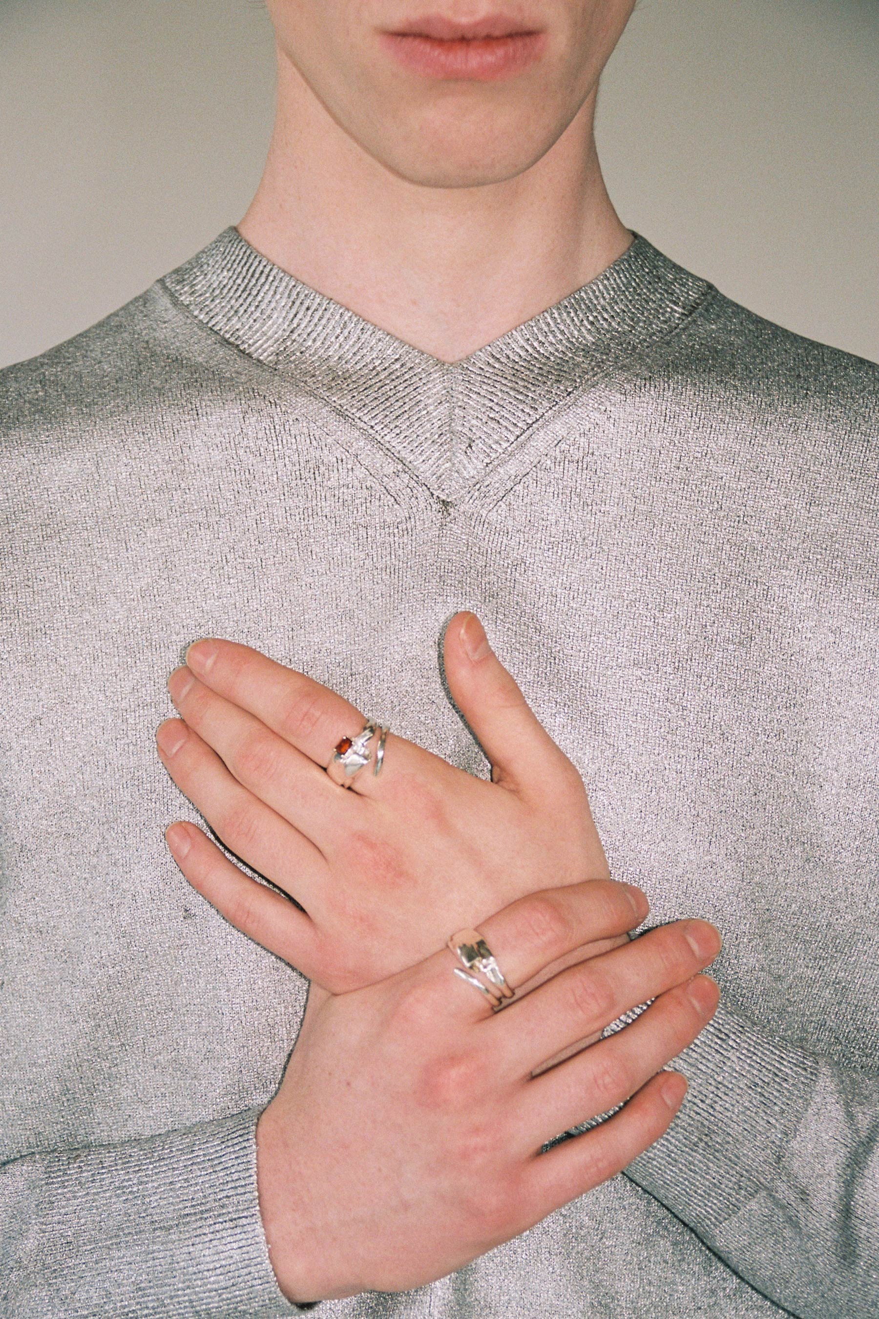 Spiral Silver Shirt Ring with Garnet