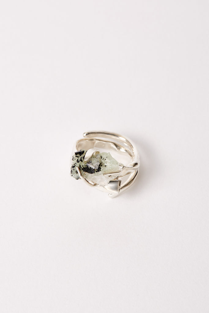 Spiral Silver Shirt Ring 001 with White Babingtonite