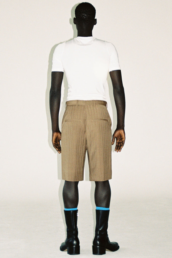 Beige Herringbone Textured Woollen Cuboid Tailored Shorts