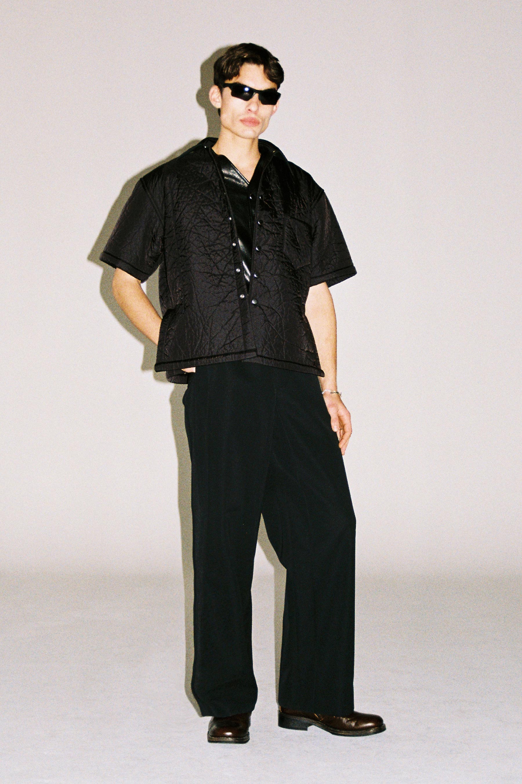 Black Nylon Polyester Padded Cuboid Overshirt (Full Lining)