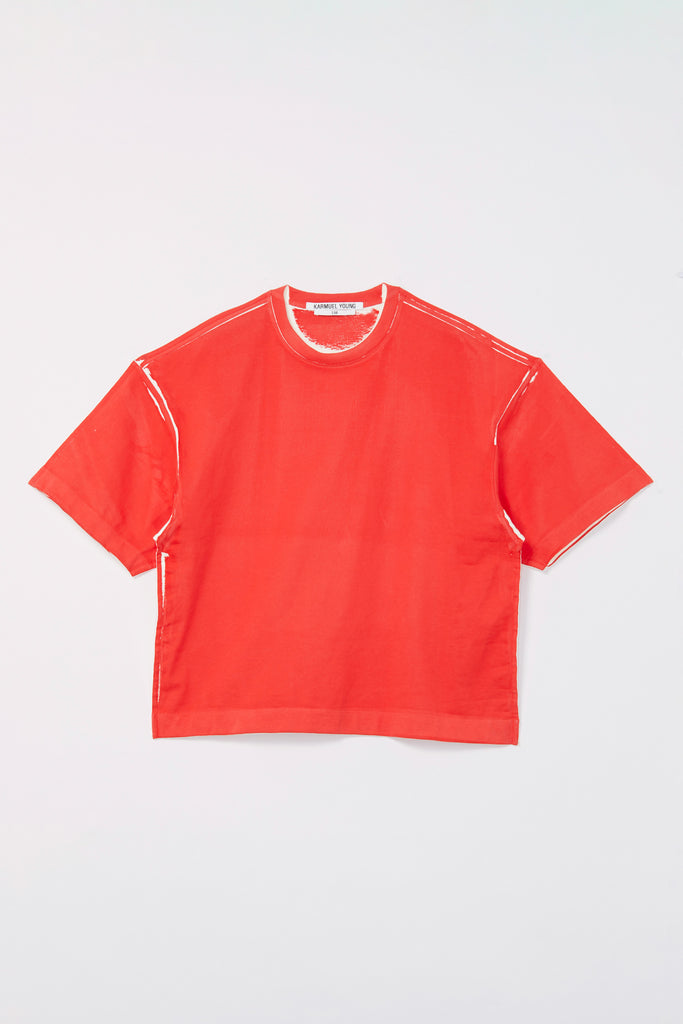 Red Cotton Spray Printed Square XY-plane T-Shirt