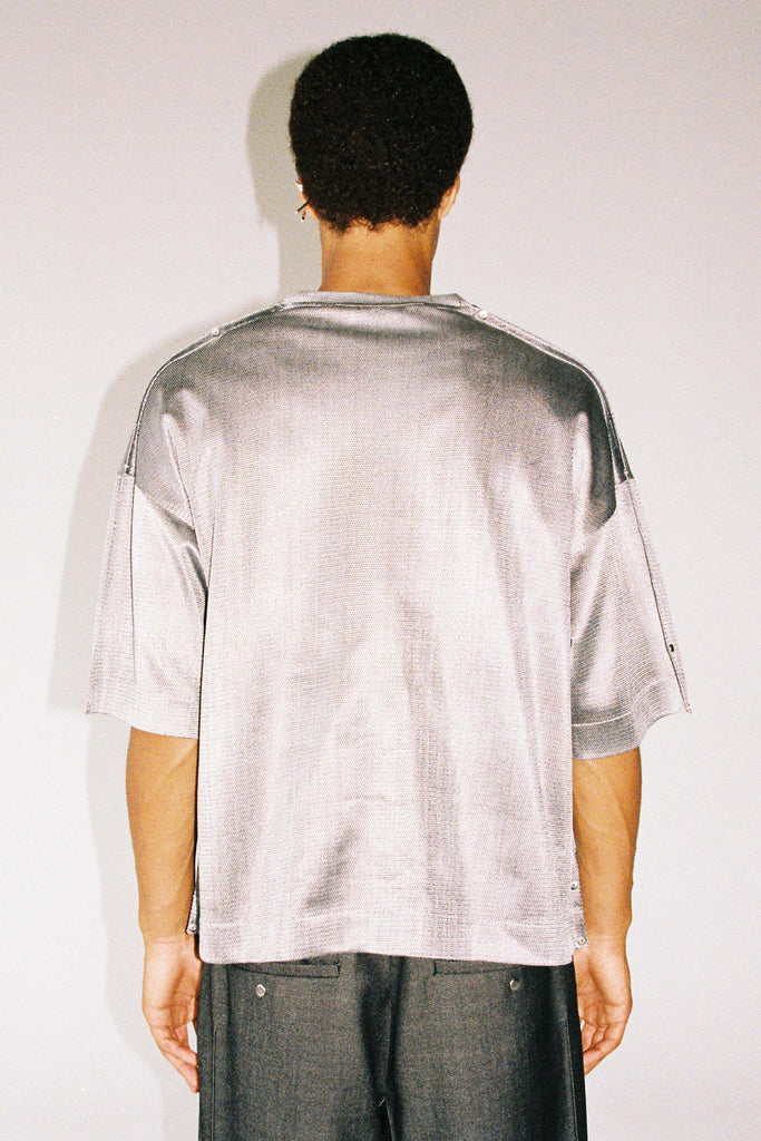 Silver Polyester Nylon Square XY-plane T-Shirt with Studs